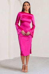 Hot Pink Long Sleeve Midi Dress with High Neckline